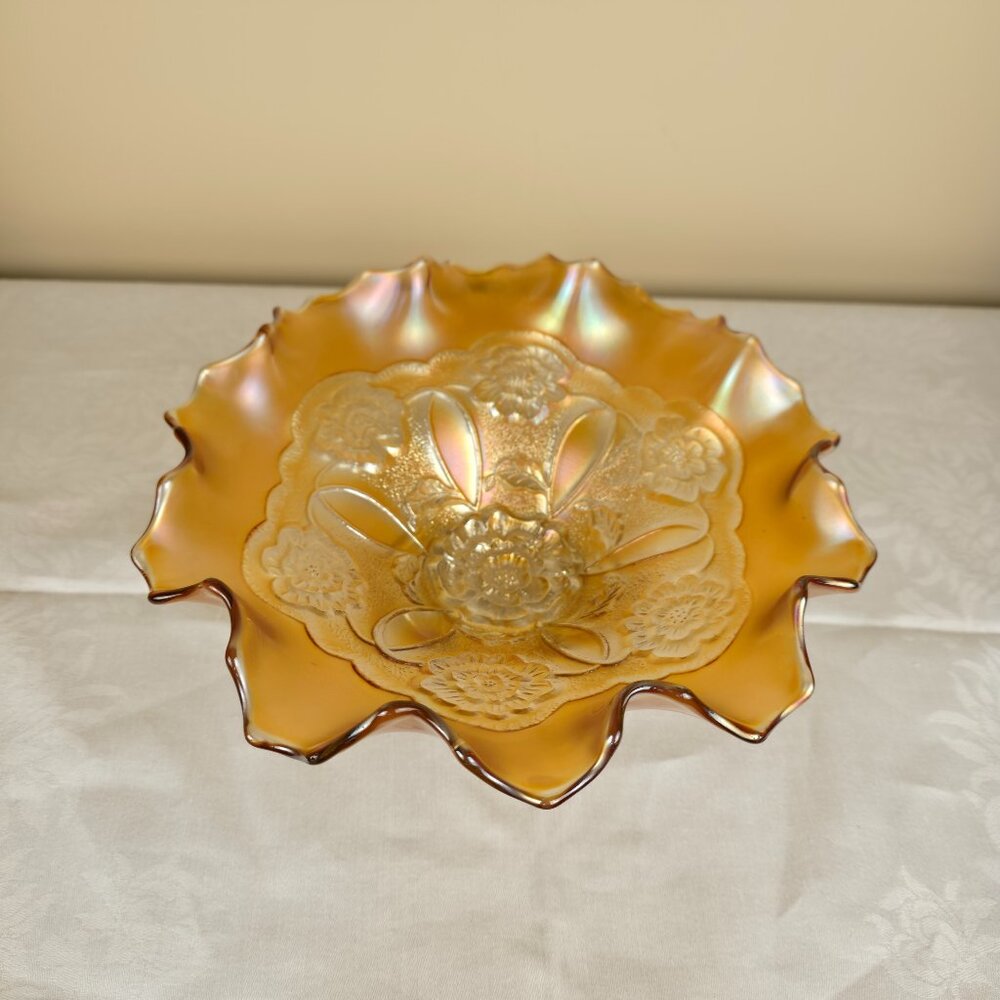 Dugan Marigold Carnival Glass Ruffled Compote Bowl “Two Flowers” Pattern 9"